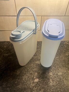 Set of 2 Tupperware Plastic Pour-Top Storage Pitcher Set - Light Blue & White